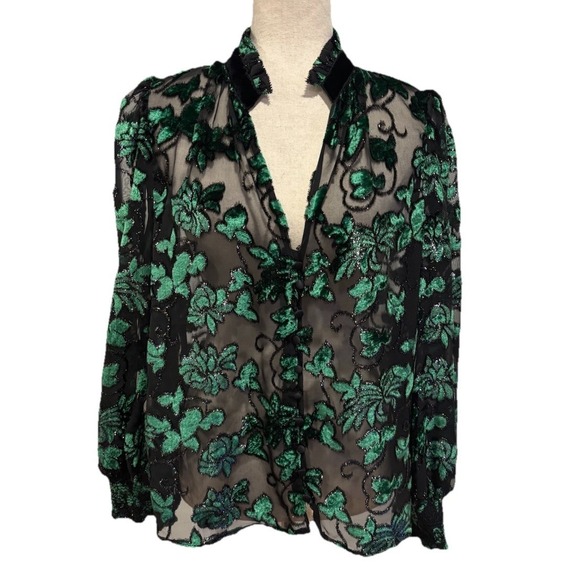 Alice + Olivia Zina Burnout Velvet Sheer Blouse In Black/Emerald Women's Large - Picture 5 of 14